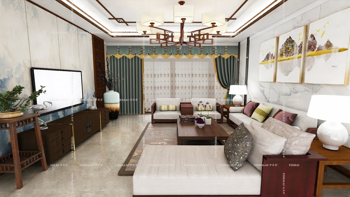 黄瓜成视频人APP-黄瓜AV网站简约中式客厅窗帘效果图